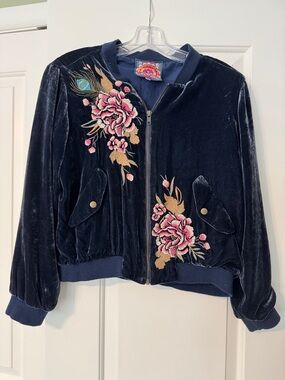 Johnny Was velvet Navy Jacket with Fuchsia & Yellow Embroidered Floral Patch